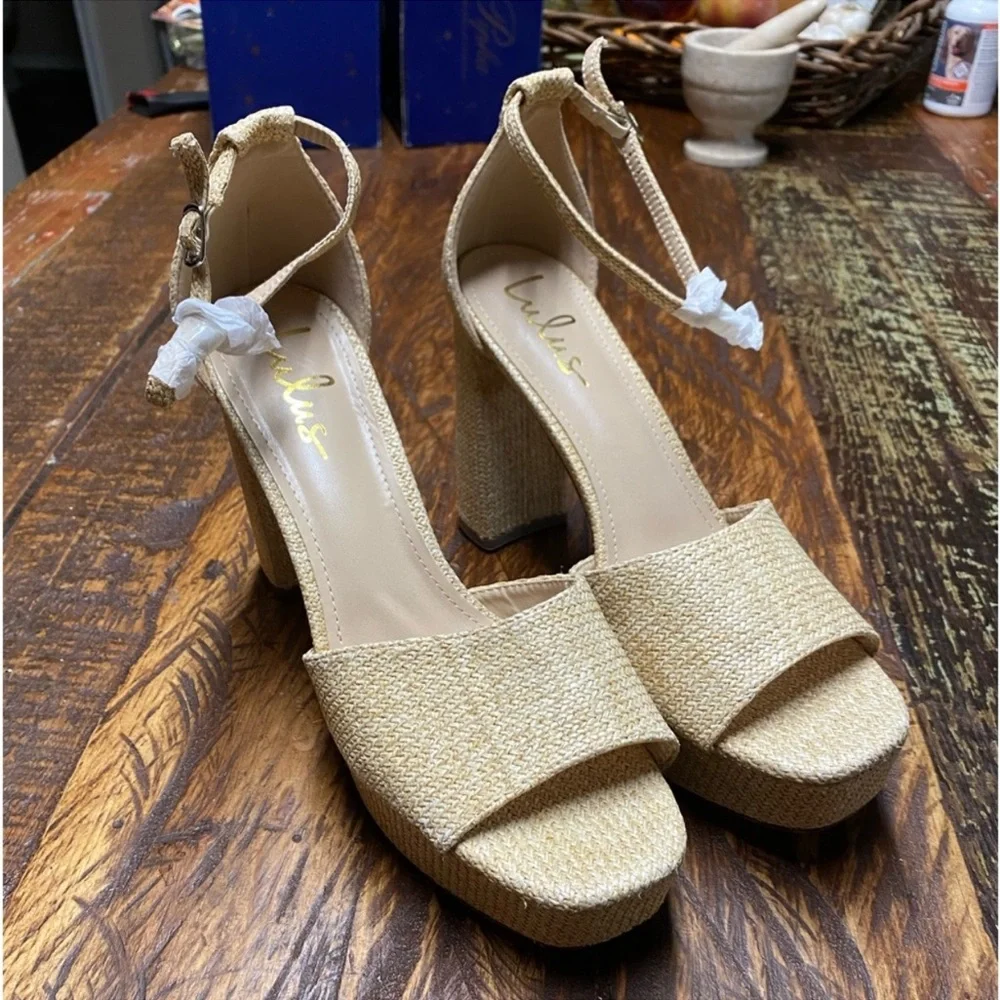 Lulus Kinuka Natural Raffia Ankle Strap High Heel Platform Sandals Size 11